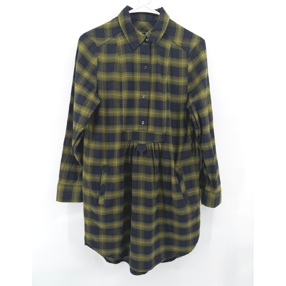 Banana Republic Shirt Flannel Dress Women XS Green Navy Plaid Long Sleeve Mini